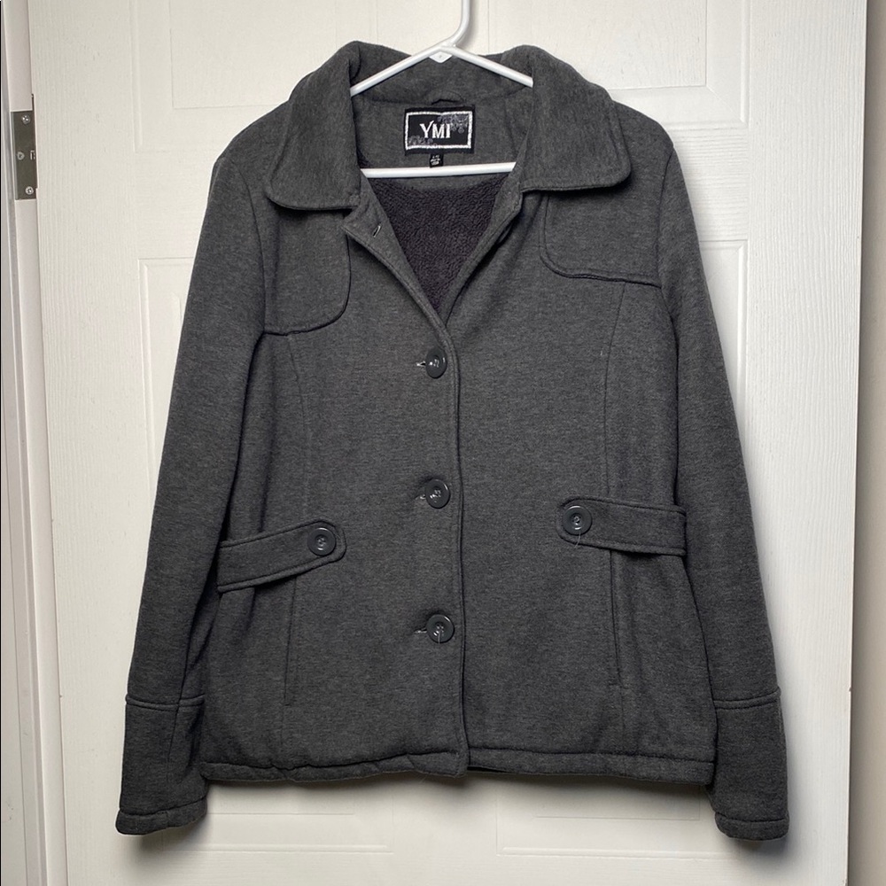 YMI Gray Pea Coat with Collared Lapel and Relaxed Silhouette Y2K women’s LG